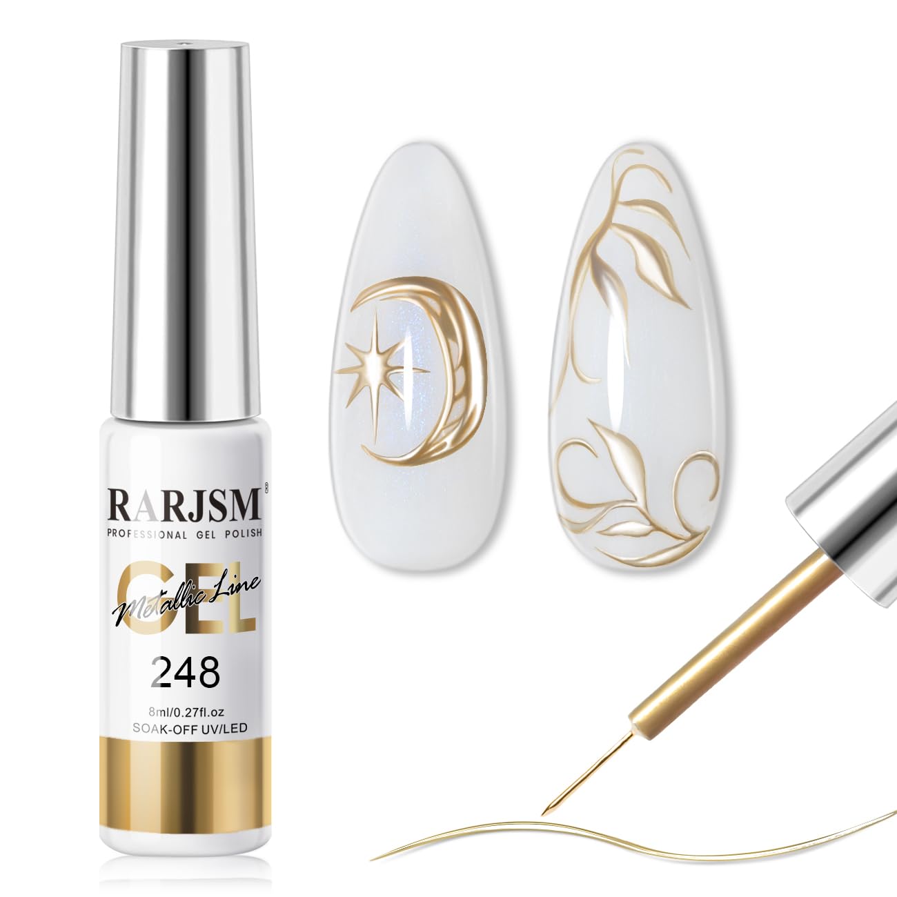 RARJSM Metallic Nail Art Gel Liner Bronze Gold Mirror Chrome 3D Effect Gel Nail Polish 8ml Build in Thin Brush Metal Painted Drawing Striper Painting Gel Polish Soak off Curing Requires for Home Salon