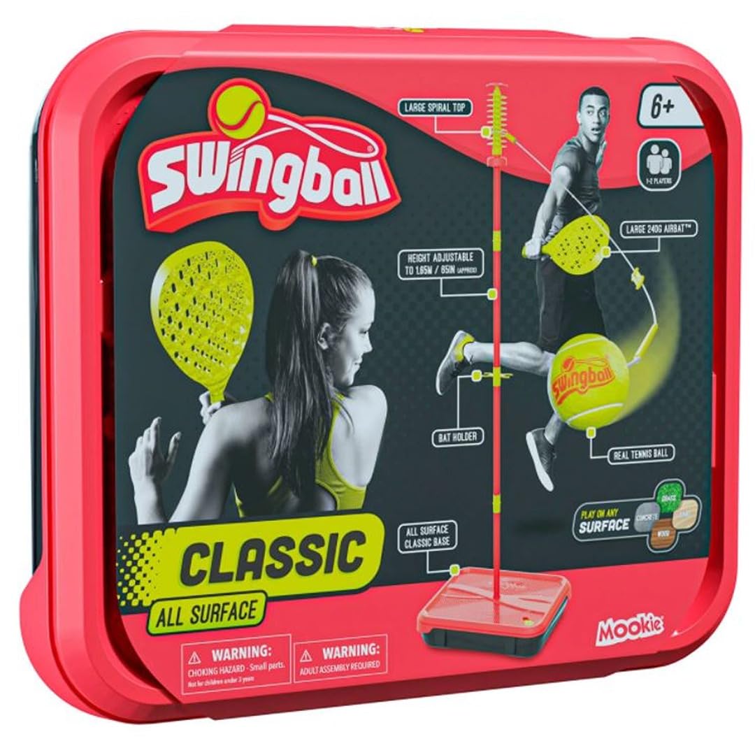 Swingball Classic All Surface, Red and Yellow, Outdoor Activities, All Surface Base Swingball, Real Tennis Ball and 2 Championship Bats, Suitable for Everyone 6 years+