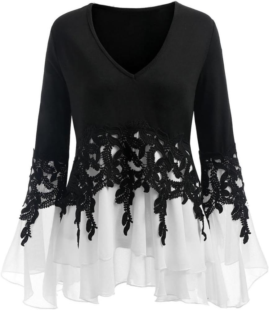 Wawer Women's Long Sleeve T-Shirt, Summer Autumn Plus Size Applique Flowy Loose Lace Chiffon T-shirt Tunic Tops Blouse for Daily/Sports/Vocation,XL-5XL (5XL, Black)