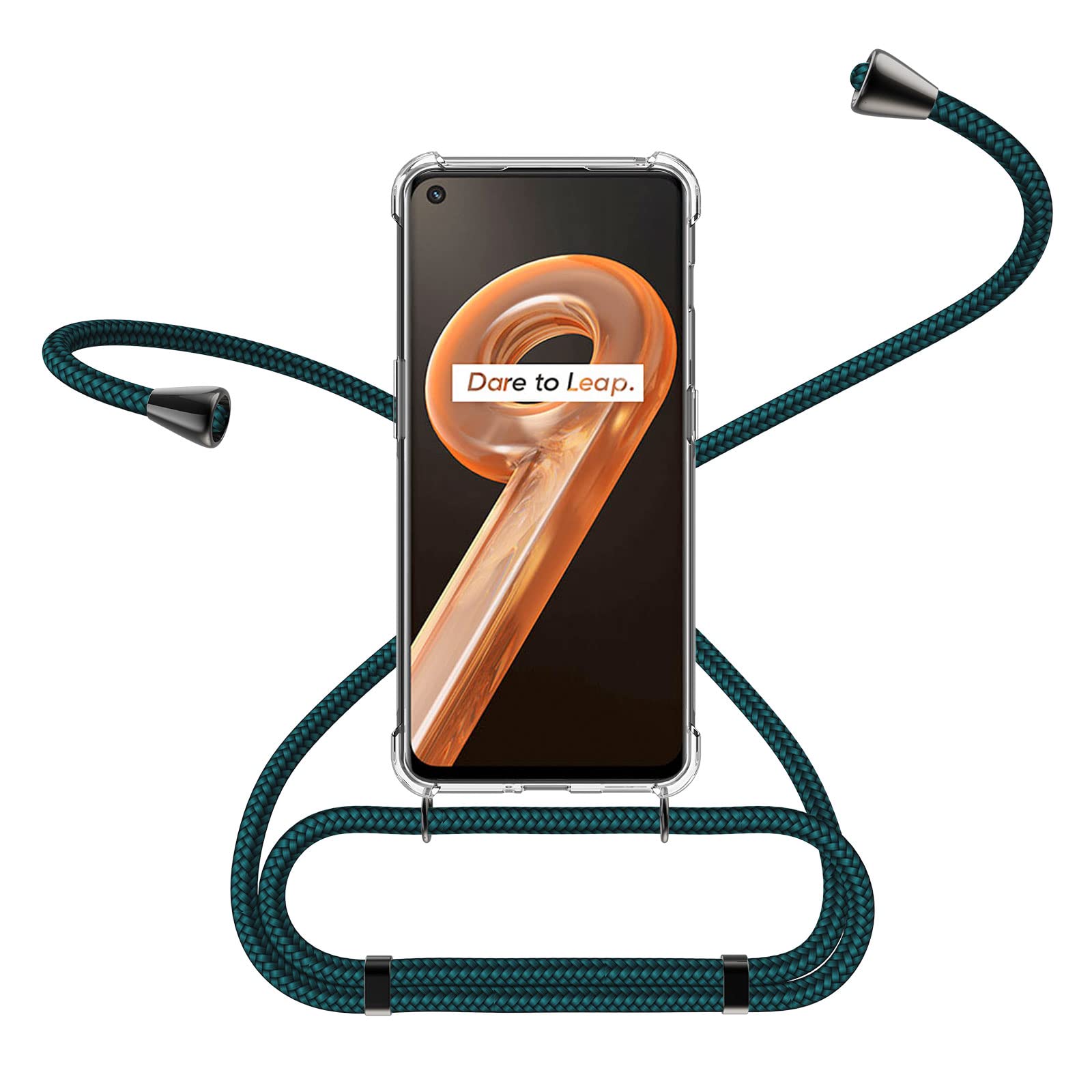 HULLETUI Case Compatible with Realme 9i with Lanyard, Crossbody Case Dual Adjustable Loop, Space Black Metal Cord End - Band Malachite