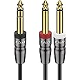 J&D 1/4 inch TRS Cable, Copper Shell 6.35mm 1/4 inch TRS Male to Dual 6.35mm 1/4 inch TS Male Stereo Y Splitter Insert Cable, Gold Plated Mono Breakout Cable Audio Cord, 6 Feet