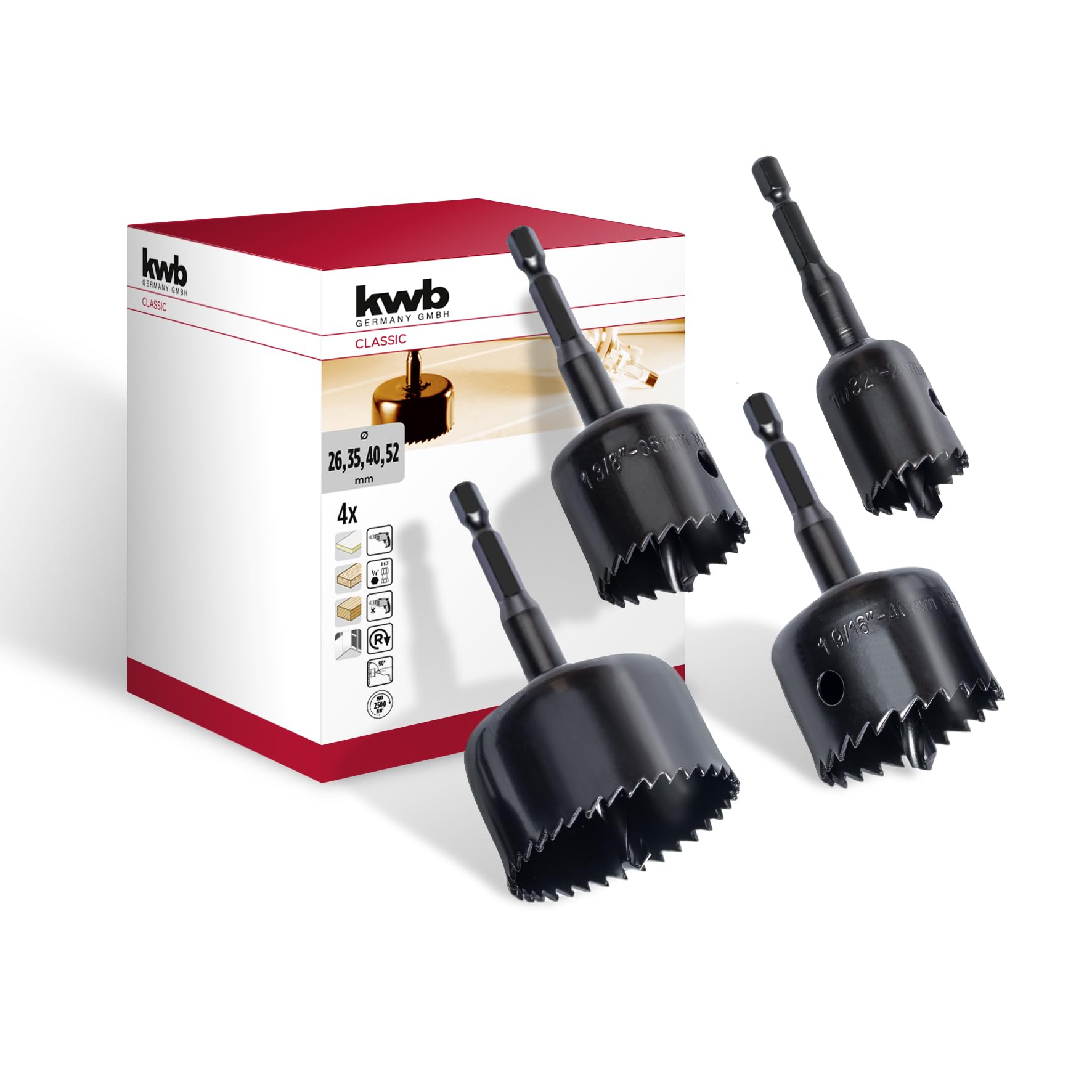 kwb 4-Piece Hole Saw Set Ø 26, 35, 40 and 52 with Hexagonal Shank for Cordless Screwdrivers, Lathes and Impact Drills, Good Cutting Performance, High Precision and Versatile Applications