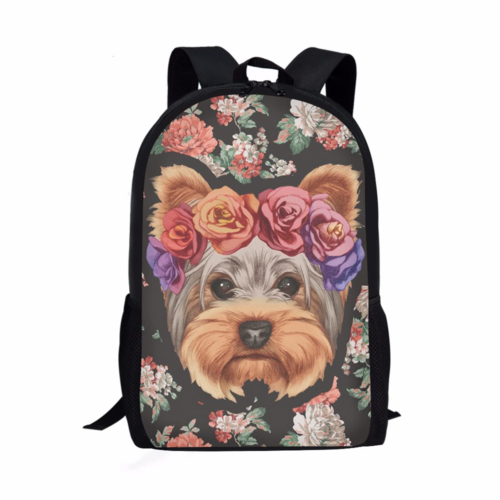HUGS IDEA Yorkshire Terrier Peony Floral Backpack for Boys, Puppy Dog 17 Inch Backpack for Teen Boys Cool Kids School Shoulder Bags