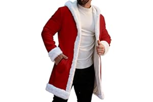 Men’s Christmas Fleece-Lined Hooded Cardigan Coat Warm Winter Festival Santa Jacket Soft Plush Trim