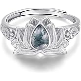 Hagkew Lotus Moss Agate Ring 925 Sterling Silver Lotus Ring Promise Wedding Rings for Women Lotus Jewelry Gifts for Women Birthday Mother's Day