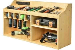 XCSOURCE Power Tool Organizers and Storage Cabinets, Wooden Drill Charging Station, 5 Slots Drill Holder Storage Racks Wall Mount with 3 Shelves for Work Bench, Wrench, Screwdriver, Drills