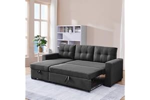UBGO L-Shape Convertible Sleeper Sectional Sofa with Storage Chaise and Pull-Out Bed, Linen Upholstered Reversible Corner Couch w/Arms for Living Room, Apartment, Home Furniture,Dark Gray