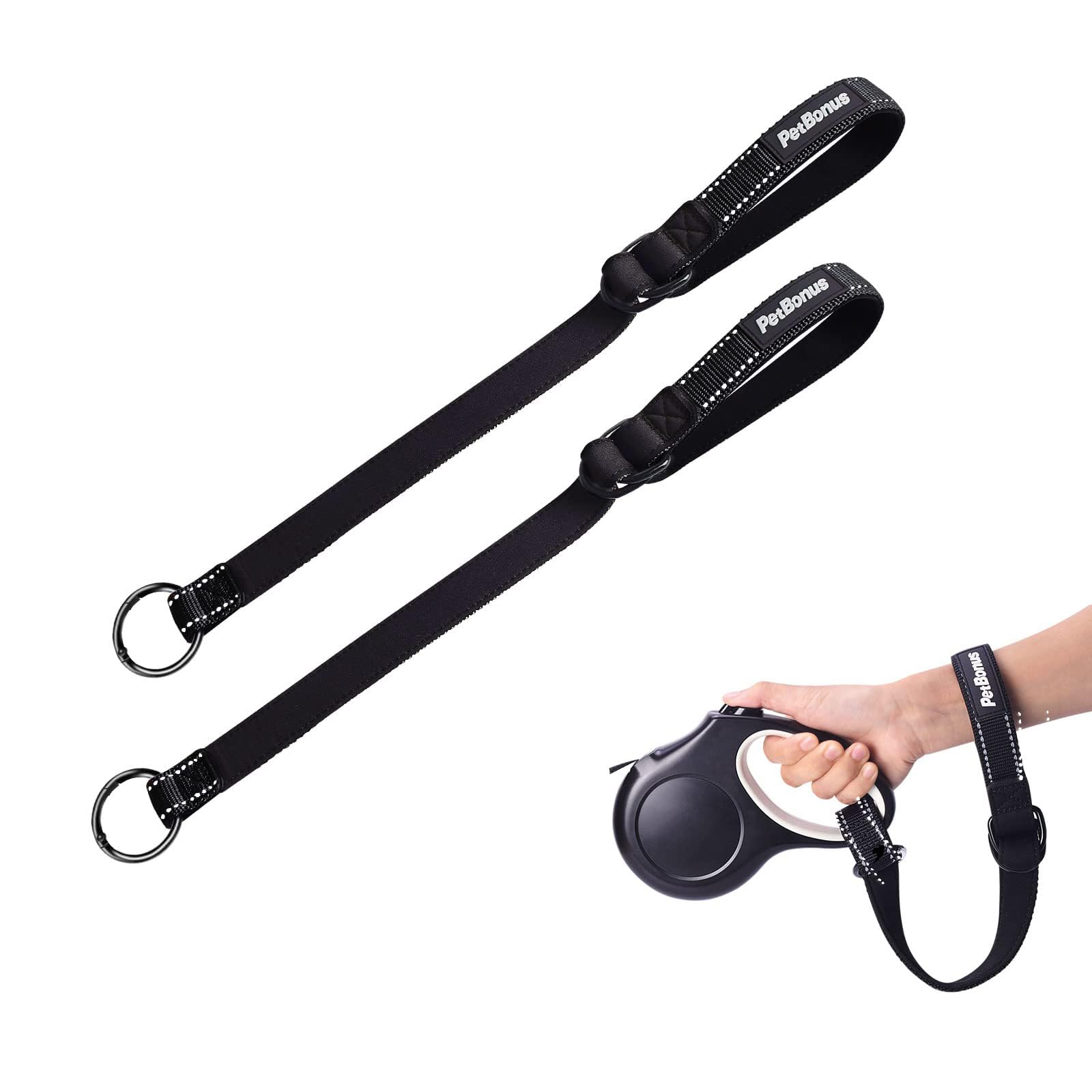 PetBonus Short Dog Lead, Safety Wrist Strap for Retractable Dog Lead, Reflective Design and Adjustable Soft Padded Handle, Extra Layer Security for Pet Stroller (Black, Black) — image 1