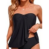 Tempt Me Strapless Bandeau Tankini Top Only Halter Flyaway Swimsuit Top | Removable Halter Neck Strap, Flowy Mesh Flyaway Top, Twisted Bandeau Front, Removable Pads