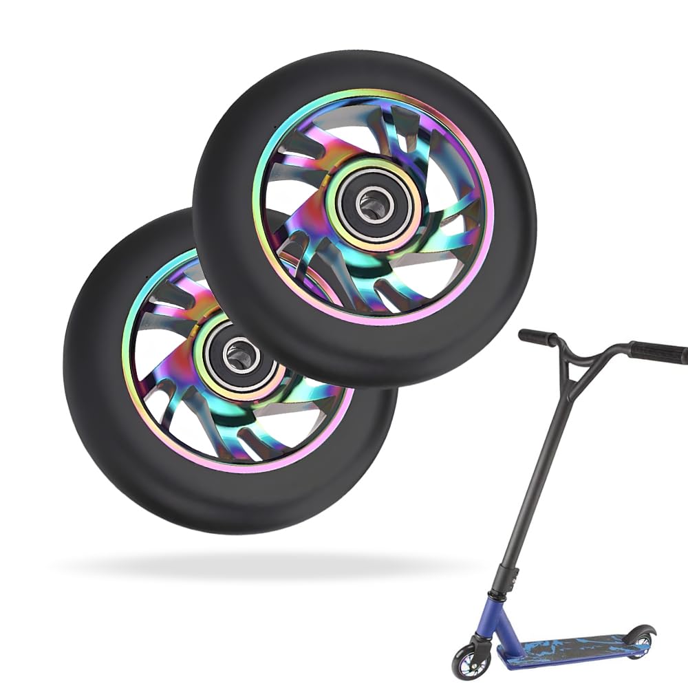 YANGUN Scooter Wheels 100mm, 2 Pcs Scooter Spare Wheels with ABEC 9 Bearings Fit, Stunt ScooterWheel Colorful Pu Wheel Alloy Series Pro Stunt Scooters Wheel for Razor/Apollo/Cox Swain StuntScooters