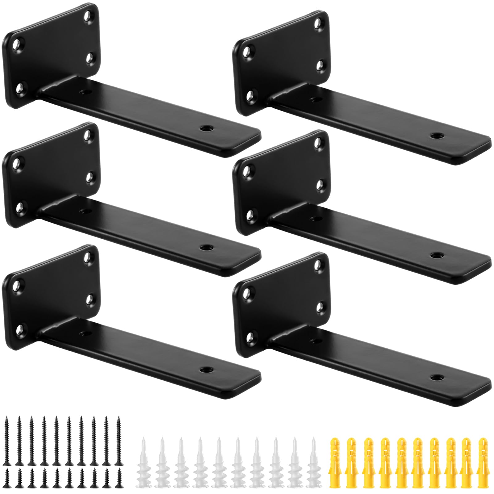 Photo 1 of 6-Pack 5 Inch Metal Floating Shelf Brackets, Heavy-Duty Hidden L Shelf Supports, Wall-Mounted Shelving Hardware, 1/5-Inch Thick, Modern Black Iron Brackets for Decorative Wood Shelves, Screws Included