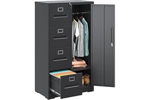 BIZOEIRON 4 Drawer File Cabinet with Lock and 1 Door, Metal Vertical Filing Cabinets for Home Office, Steel Storage Cabinet for Hanging Legal/Letter Size Files, Assembly Required (Black)