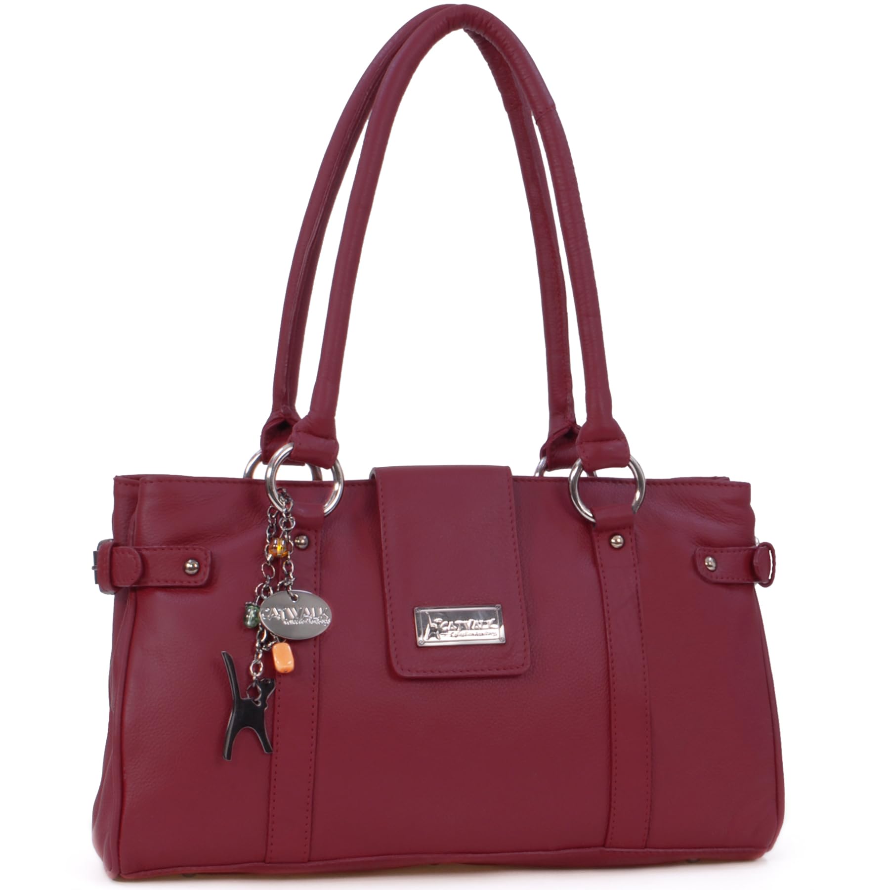 Catwalk Collection Handbags - Women's Medium Leather Shoulder Bag - Multiple Pockets and Compartments - Martina - Red