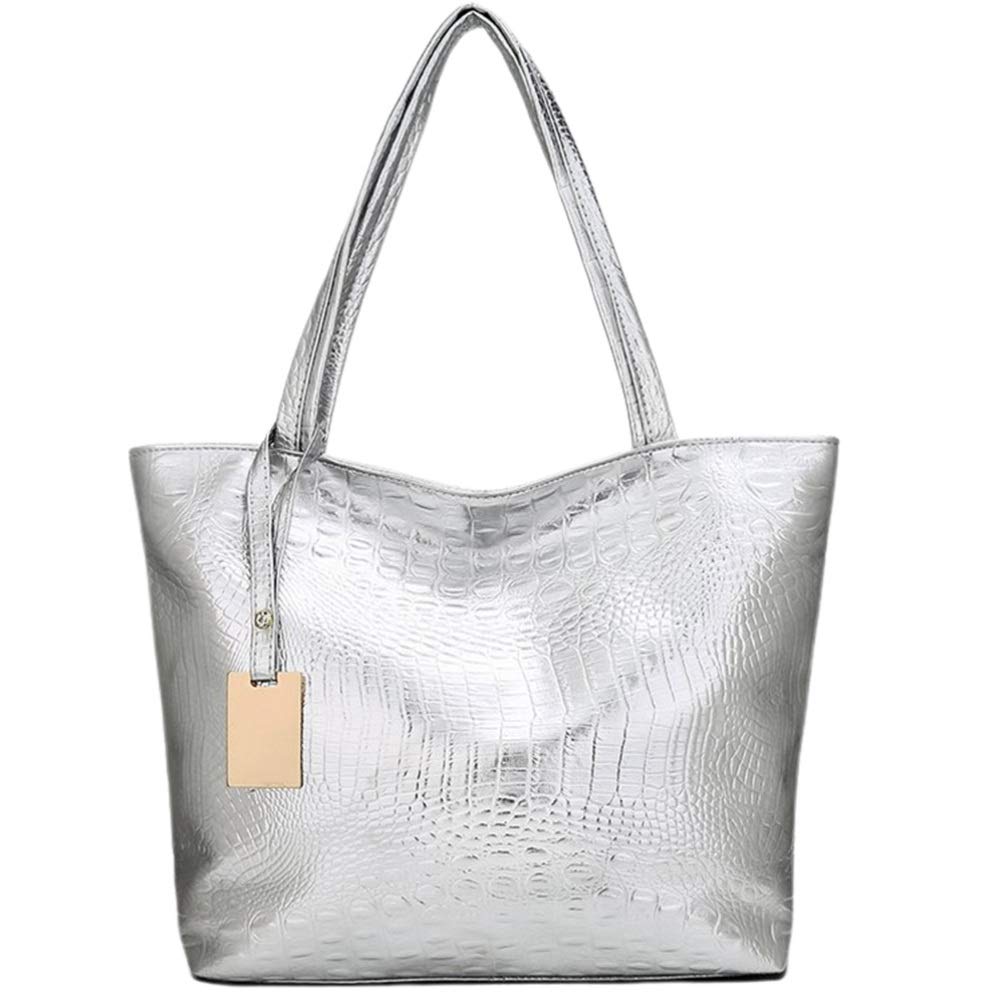 SOIMISS Large Capacity Women Handbag Tote Bag with Textured Pattern Silver for School Work