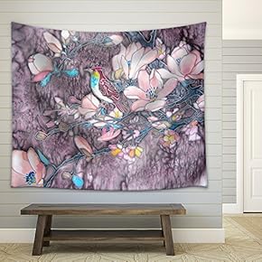 Original Batik Painting with Bird and Magnolia Tree Flowers. - Fabric Wall Tapestry Home Decor - 51x60 inches