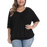 andy & natalie Women's Plus Size Tops Pleated V Neck Loose Baggy Blouse T Shirts