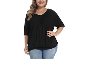 andy & natalie Women's Plus Size Tops Pleated V Neck Loose Baggy Blouse T Shirts