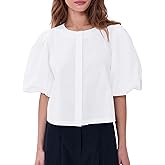 SUNNOW Women's Puff Sleeve Shirt Crew Neck Blouse with Elastic Cuffs & Hidden Button Placket Work to Weekend Top