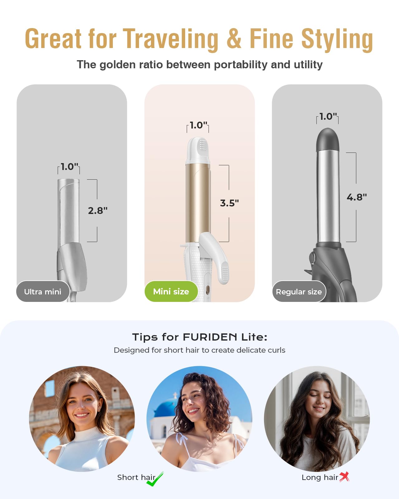 Europe Travel Curling Iron Mini: Dual Voltage Curling Iron for Traveling - Mini Travel Curling Irons 1 Inch with US Plug,Gold 450℉ for Thick/Coarse Short Hair