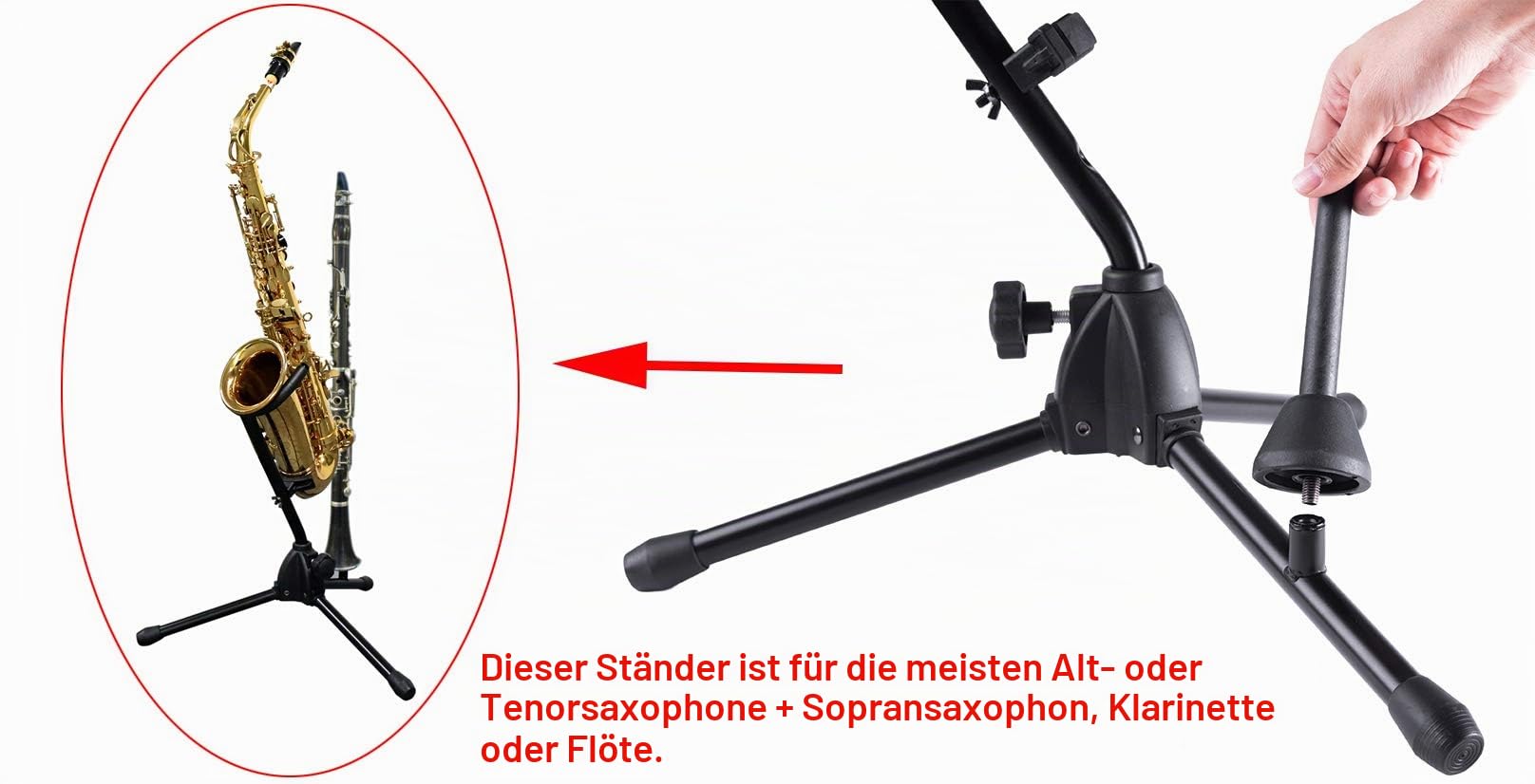Rayzm Alt-/Tenorsaxophonständer mit Abnehmbarem Flöten-/Klarinettenhalter, Verstellbarem und Tragbaren Ständer für Altsaxophon, Tenorsaxophon, Klarinette & Flöte 6