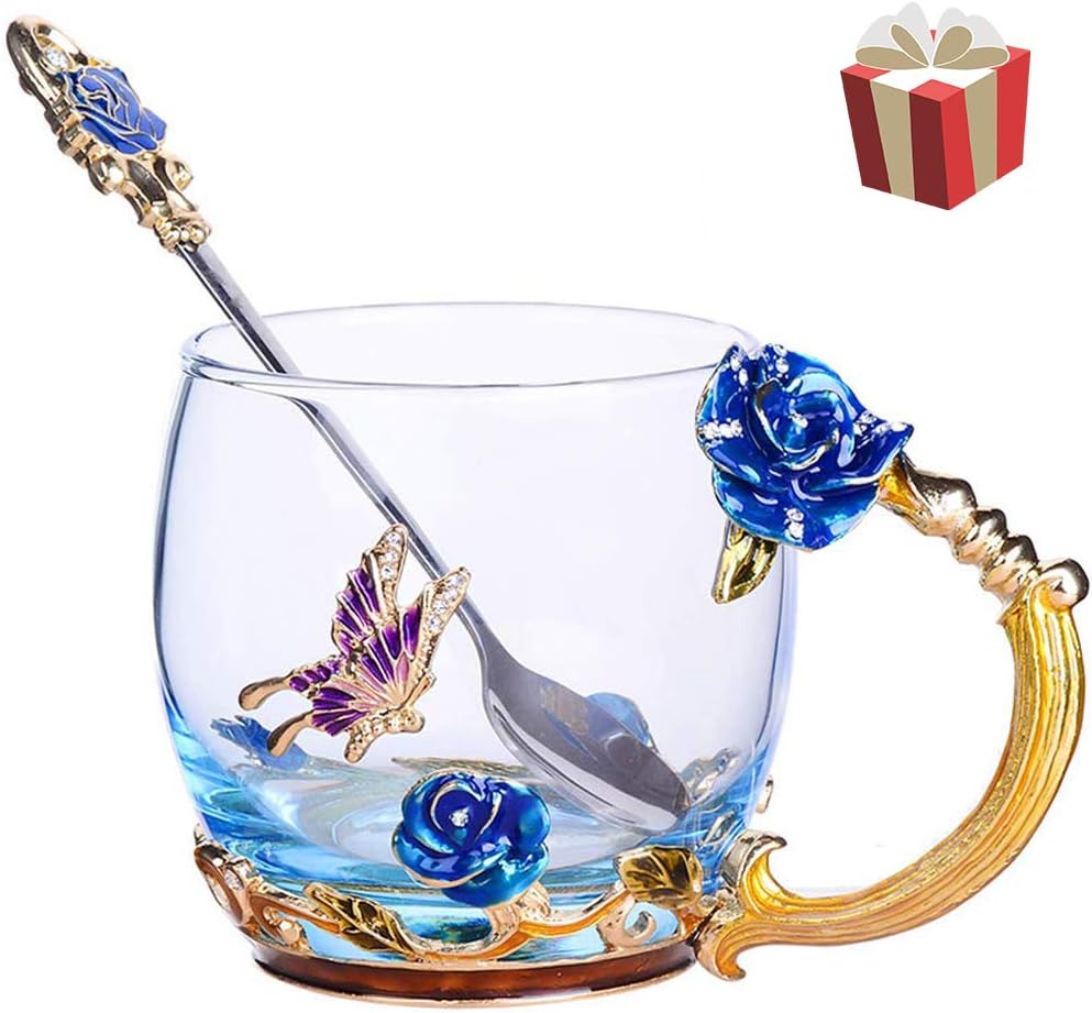 unbraned Flower Glass Tea Cups with Spoon Glass Coffee Mugs Enamel Handmade Unique Butterfly Rose for Women Valentine's Day Birthday Christmas New Year Decoration Wedding Gift (Rose-Blue-Short)