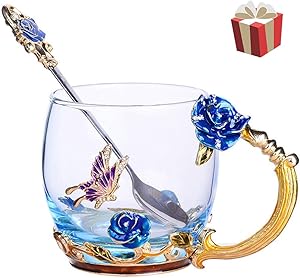 unbraned Flower Glass Tea Cups with Spoon Glass Coffee Mugs Enamel Handmade Unique Butterfly Rose for Women Valentine's Day Birthday Christmas New Year Decoration Wedding Gift (Rose-Blue-Short)