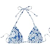 SHENHE Women's Triangle Halter Bikini Top Floral Tie Back Smocked Cute Swimsuit Top