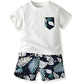 JunNeng Toddler Baby Boy Shorts Sets Hawaiian Outfits,Tropical Floral Short Sleeve Shirt +Elastic Shorts Vacation Clothes