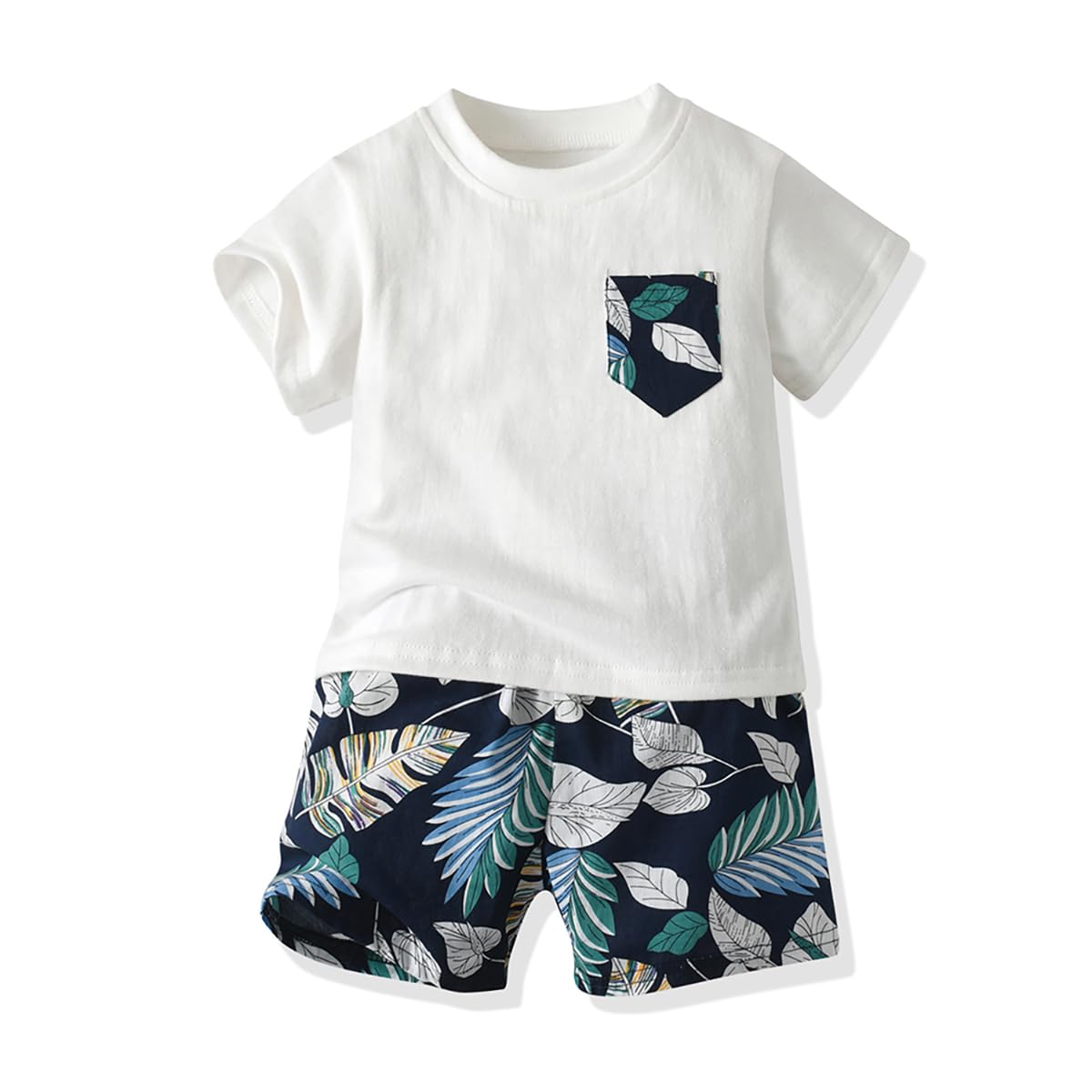 Photo 1 of JunNeng Toddler Baby Boy Shorts Sets Hawaiian Outfits,Tropical Floral Short Sleeve Shirt +Elastic Shorts Vacation Clothes,White Dark Blue 3-4 Years