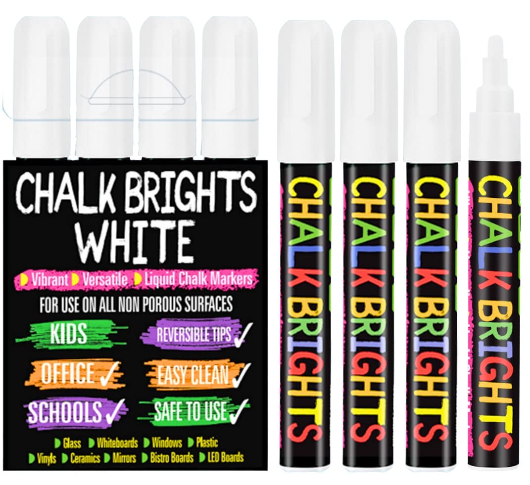 White Chalk Pens for Windows and Glass 4 Pack, White Chalk Pen for Blackboards 6mm Reversible Tip, Wipeable Liquid Chalk Markers for Menus Signs Displays