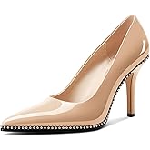 TNYNFBEB Womens Stiletto Mid Heel Pointed Toe Pumps Slip-on Sliver Beaded Prom Wedding Dress Basic Classic Patent Leather 3.5 Inches Heels