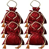 UUYYEO 6 Pcs 16 x 17 cm Velvet Gift Bags with Drawstrings Elegant Jewelry Drawstring Pouch Wedding Candy Gift Bags Baby Shower Favor Bags Holiday Fabric Pouches with Tassel Bow Red