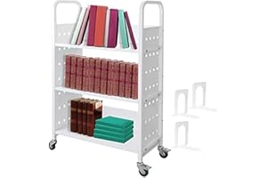 AHLOKI Library Book Cart, 200 LBS Single Sided V-Shaped Rolling Book Cart with 4 Lockable Wheels for Home Shelves Office School Book Truck White（49.2''x29.5''x13.8''）,L-Shaped White