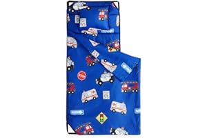 Wake In Cloud - Cot Nap Mat with Pillow and Blanket, for Toddler Kids Boys Ages 3 Plus in Daycare Kindergarten Preschool with Elastic Corner Straps, Cars Rescue Vehicles