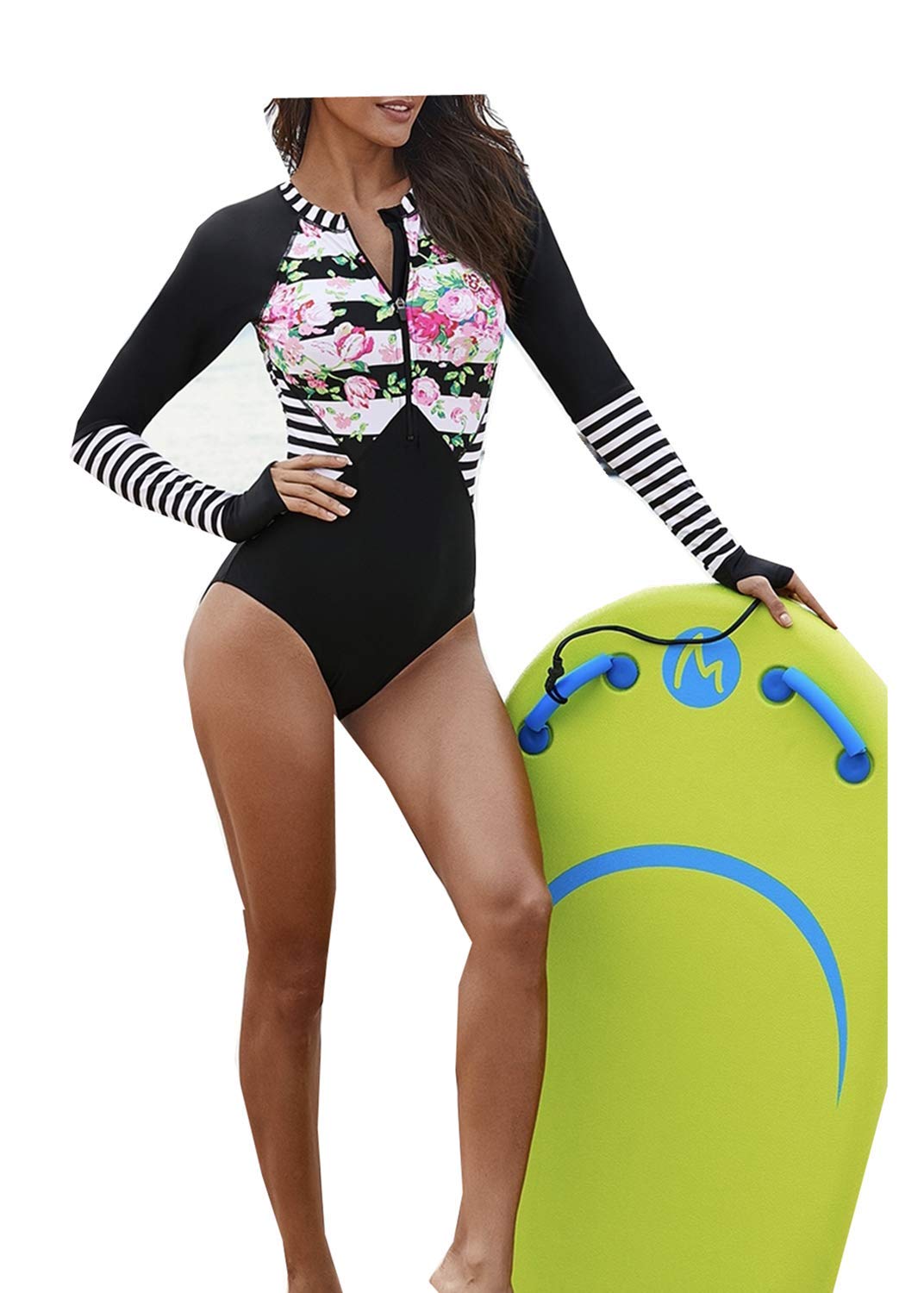 Women\'s Long Sleeve Front Zipper Print one-Piece, Sun Protection, uv Protection, surf Protection (L) Black