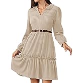 Jayscreate Women's 2025 Business Work V Neck Dress Pocket High-Waisted Spring Fall Long Sleeve Knit Ruffle Layered Dress