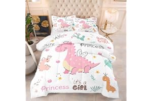 NINENINE Pink Dinosaur Bedding Queen Size Comforter Sets for Girls,Cute Cartoon Dinosaur Bedding Set with 1 Comforter 2 Pillowcases