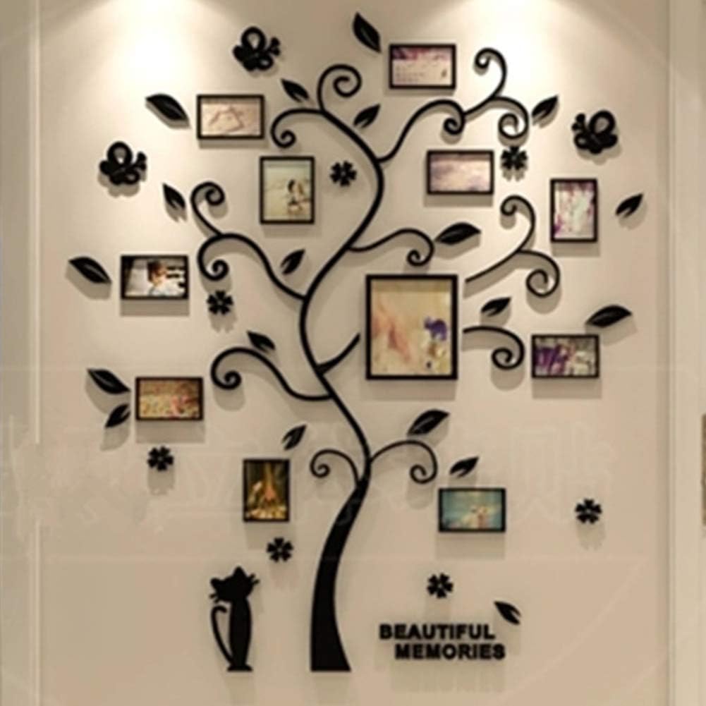 LUHSICE Large 3D Acrylic Wall Stickers Photo Frames Family Tree Wall Deca (Black Leaves with Cat 71.3"x86.6")