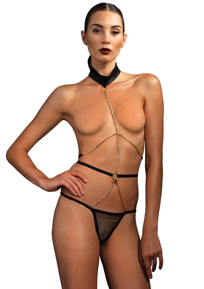Leg Avenue Halter Chain Teddy, One Size Black/Gold