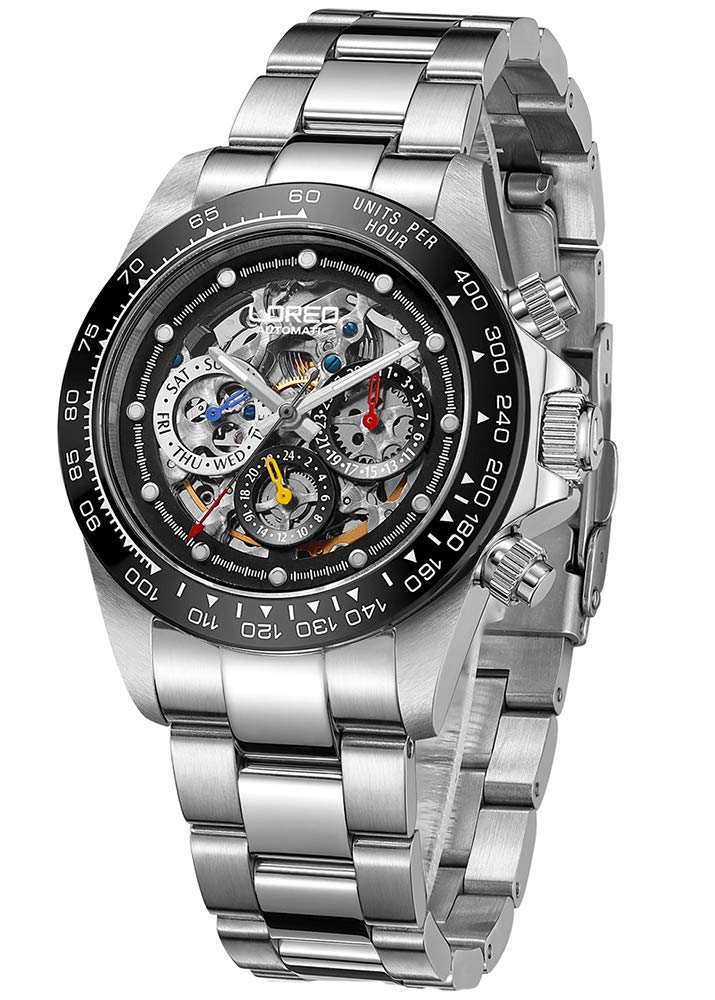 LOREO Mens Automatic Watch Skeleton Hollow Out Dial Sapphire Crystal Mechanical Self-Winding Silver Stainless Steel Waterproof Watch