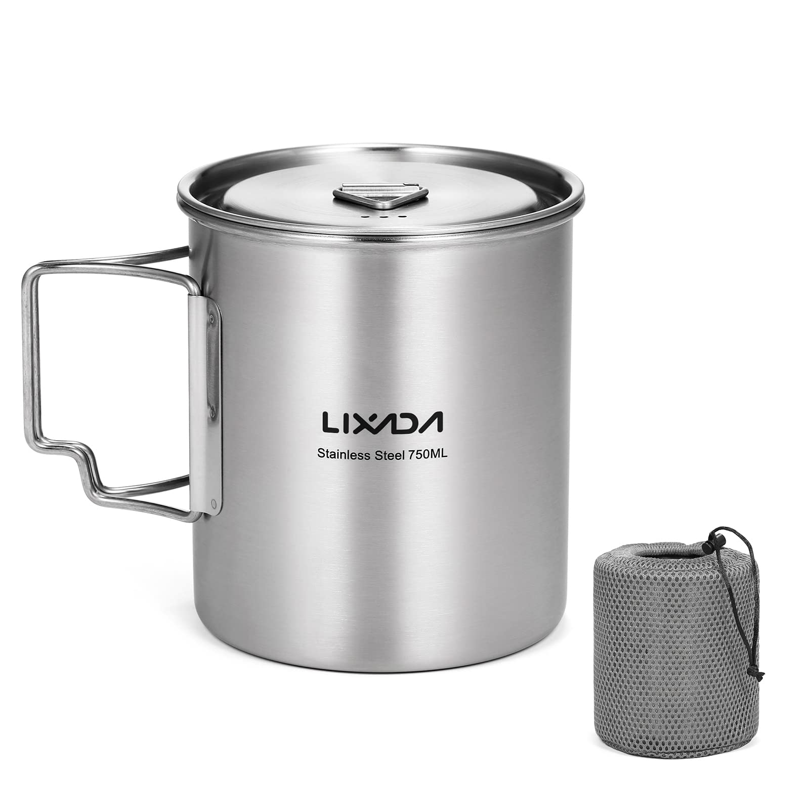 Lixada Camping Water Cup with Foldable Handles and Lid 750ml Stainless Steel Mug Hanging Pot for Camping Hiking Backpacking Picnic