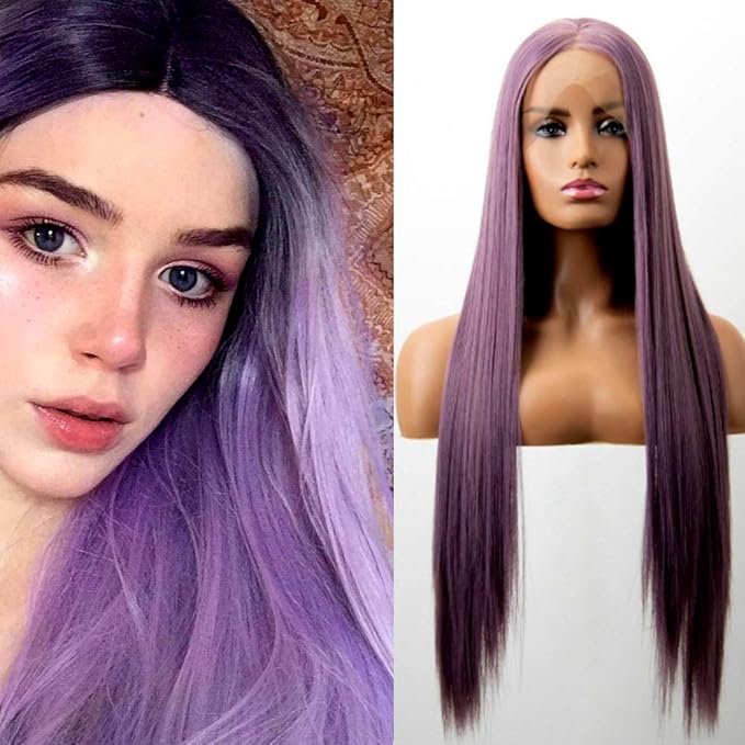 Long Straight Light Purple Wigs Natural Hairline Bubble