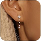 XAYAH 925 Sterling Silver CZ Lucky Leaf Flower Chain Earrings for Women Dainty Dangle Drop Pendant Earrings Hoop to Daughter Mom 14K Gold Plated Threader Bride Jewelry Halloween Wedding Season Gift