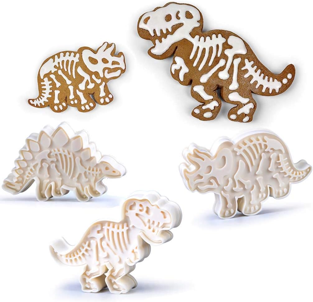 Dinosaur Cookie Cutters with Fossil Stampers, Dino Skeleton Shaped Bone Cookie Mold Cutter Stamps for Fondant, Biscuit, Play Doh