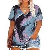 RITERA Women Plus Size Tops Tie Dye V Neck Shirt Floral Camo Summer Short Sleeve Tunic Oversized Ladies Blouse XL-5XL