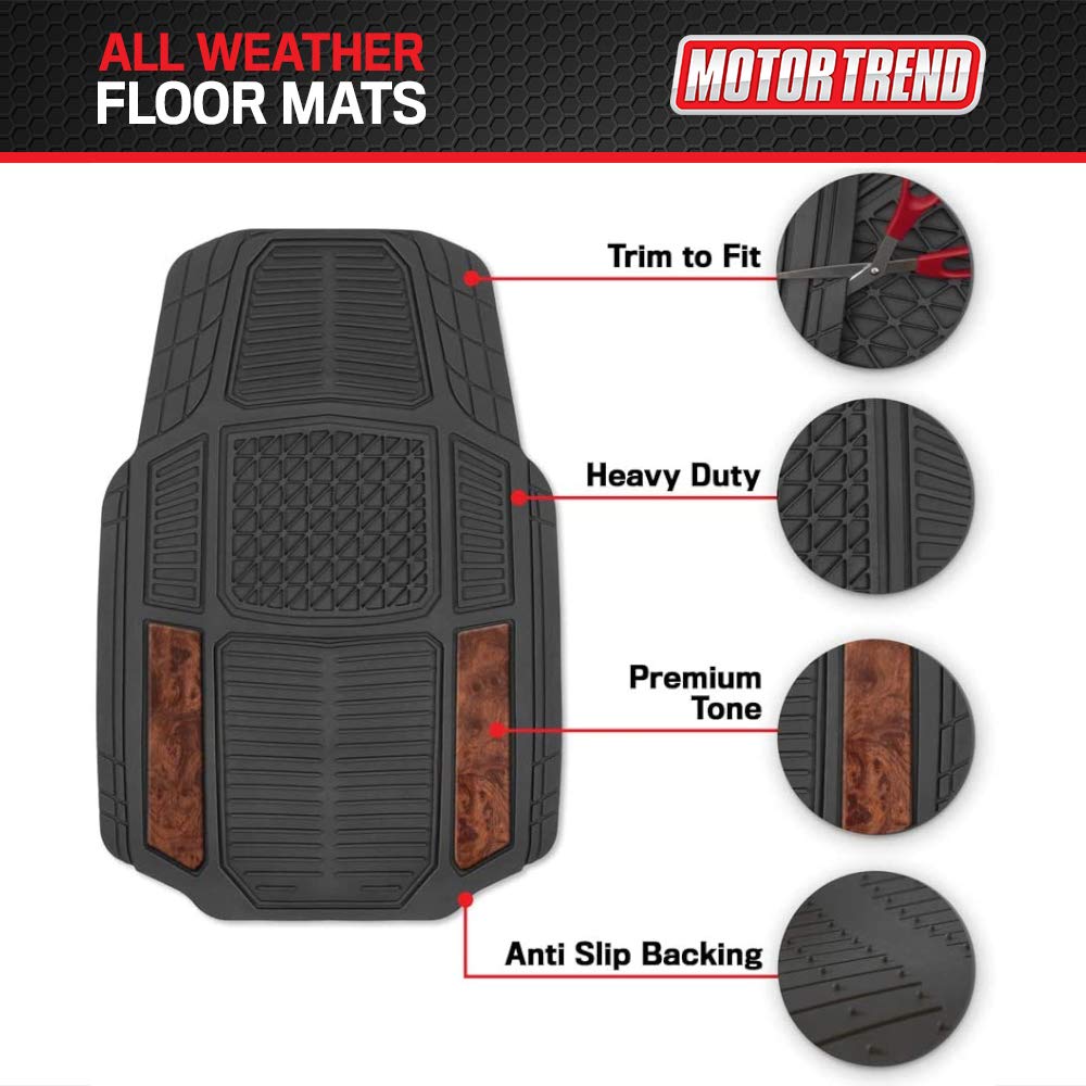 Motor Trend Armor-Tech All Weather Floor Mats, 4 Piece Set – Heavy Duty Rubber Liners for Car, Truck, SUV & Van, Dark Wood, Model Number: MT-824-DW