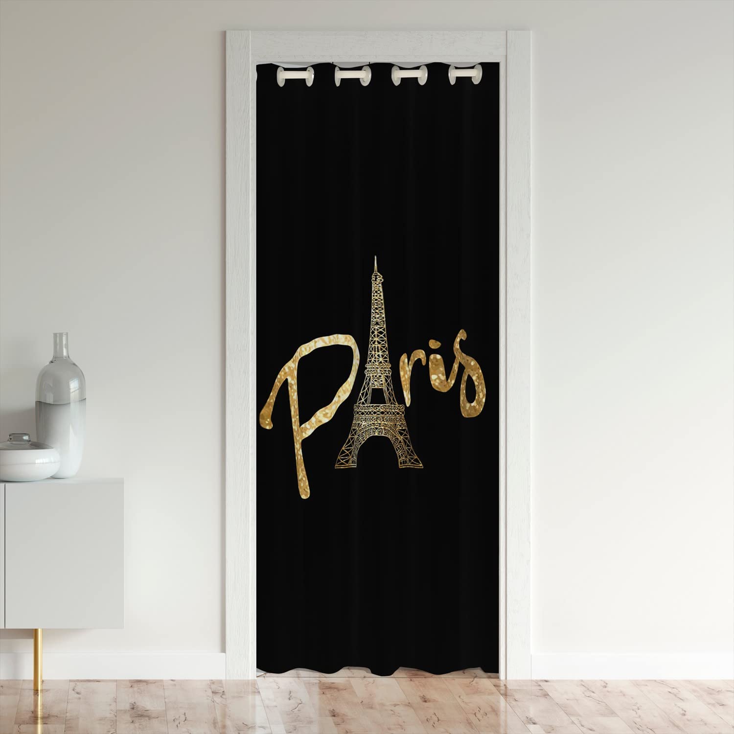 Loussiesd Eiffel Tower Door Curtain for Doorway Privacy Paris 30%-50% Room Darkening Blackout Insulated Thermal Curtain Trip Design Gold Black Window Treatments 132x203cm