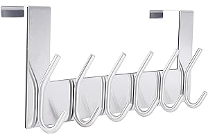 SKOLOO Over The Door Hook Hanger- 6 Hooks, Stainless Steel Door Hook, Over Door Rack for Hanging Coats Clothes Hats Robes, Silver