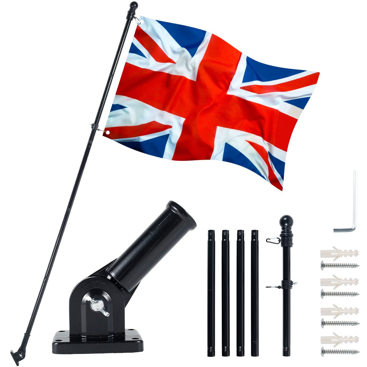 Foribyw Flag Pole Kit 6FT Wall Mounted Flagpole Kit with Mounting Bracket Stainless Steel Black Flag and Pole Set for House Garden Yard Outdoor Fence (No flag)