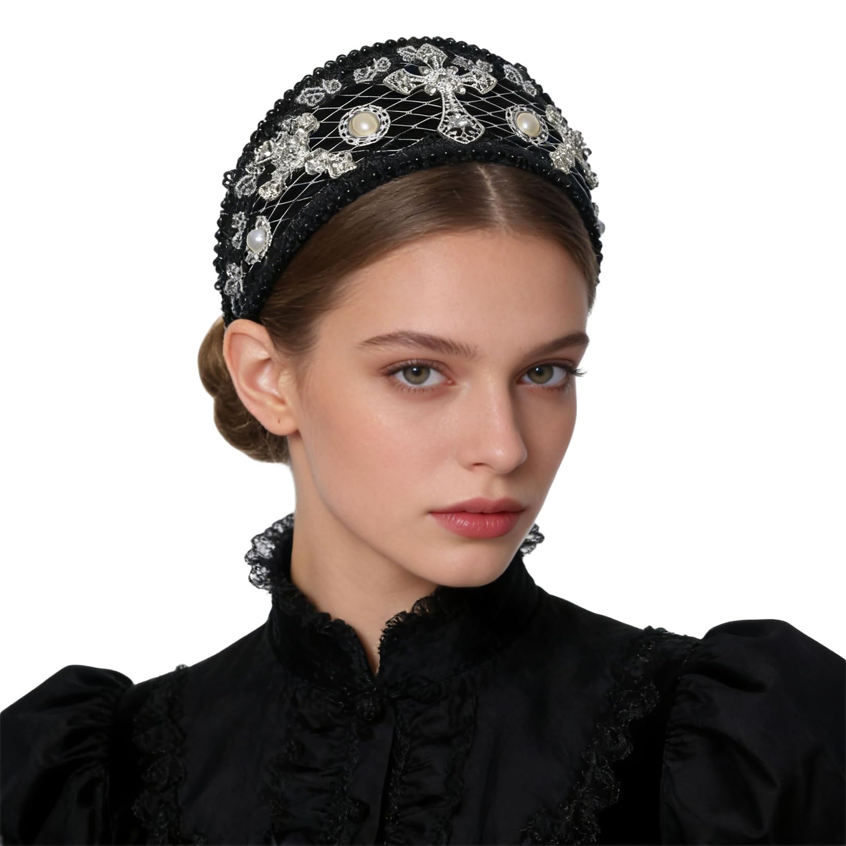 BPURB Anne Boleyn Headband Elizabethan Victorian Royal Coronet Hood Tiara Hat Medieval Renaissance Tudor Queen Headpiece for Women